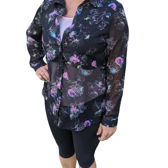 Lauren Conrad Long Button Up Blouse Floral Print on Black - Large - Picture 6 of 11